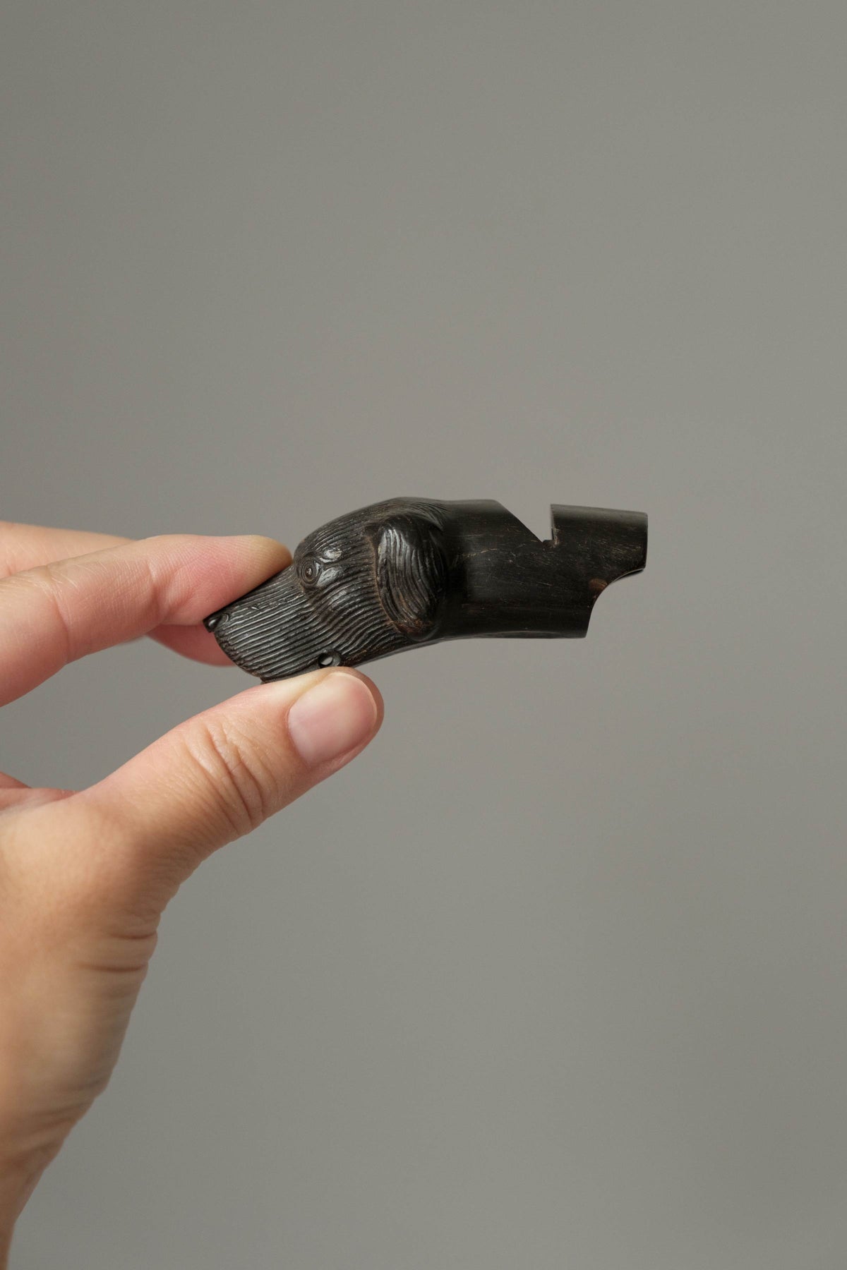 Hand-Carved Horn Dog Head Whistle, 19th Century